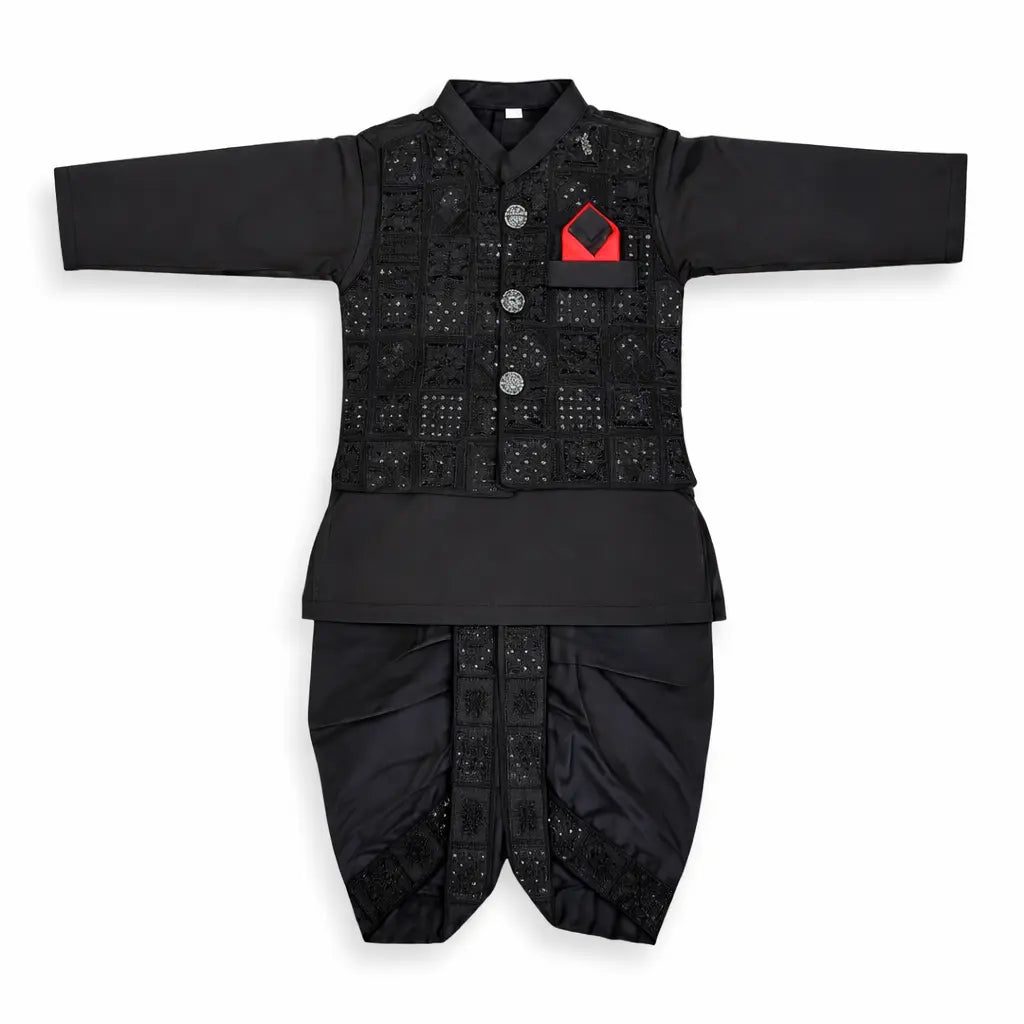 Black Embroidery Dhoti Kurta With Waistcoat (C&W DH26011)