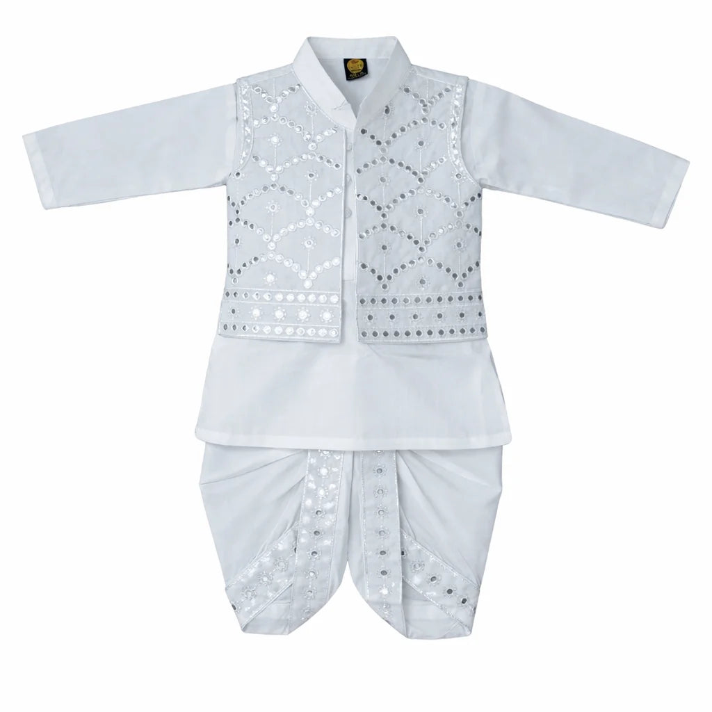 White Embroidery Dhoti Kurta With Waistcoat (C&W DH2603)