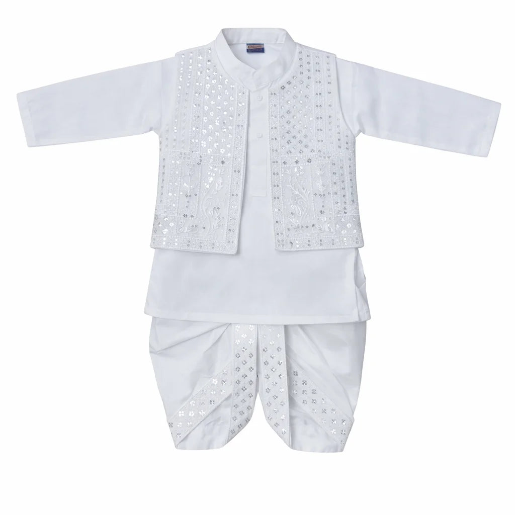 White Embroidery Dhoti Kurta With Waistcoat (C&W DH2601)