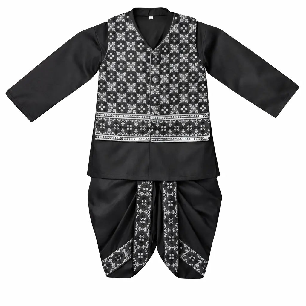 Black Silver Embroidery Dhoti Kurta With Waistcoat (C&W DH2608)