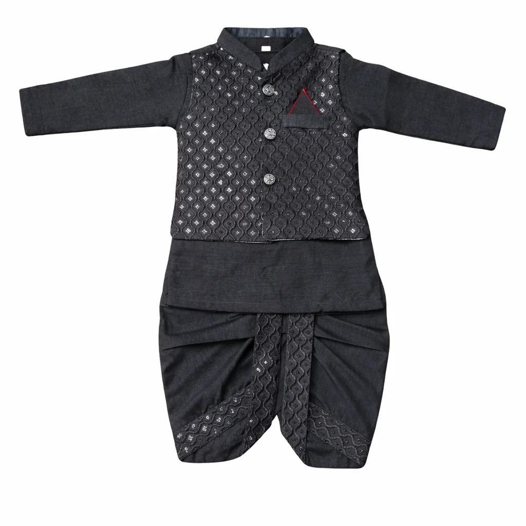 Black RawSilk Embroidery Dhoti Kurta With Waistcoat (C&W DH2605)