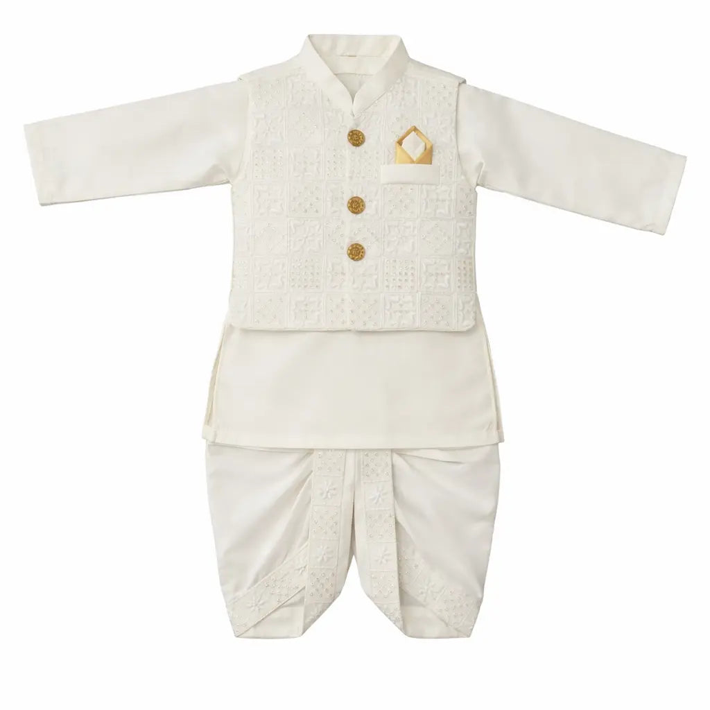 Block Embroidery Dhoti Kurta With Waistcoat (White) (C&W DH2607)