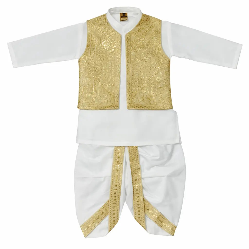 Gold Embroidery Dhoti Kurta With Waistcoat (C&W DH2606)
