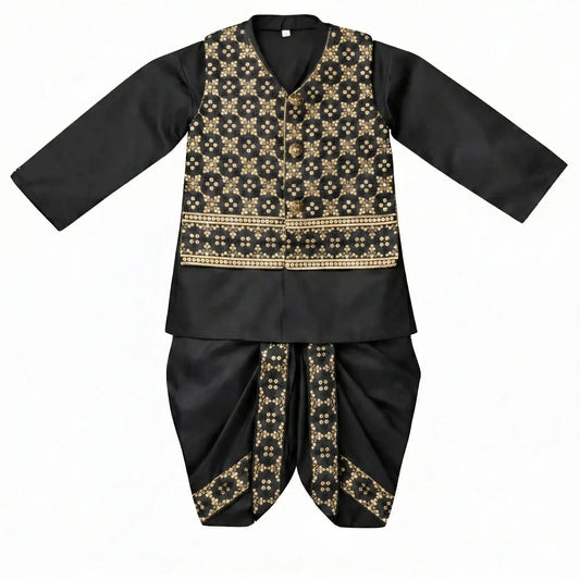 Black Golden Embroidery Dhoti Kurta With Waistcoat (C&W DH2609)