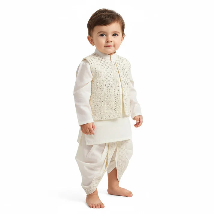 Bloom Embroidery Dhoti Kurta With Waistcoat