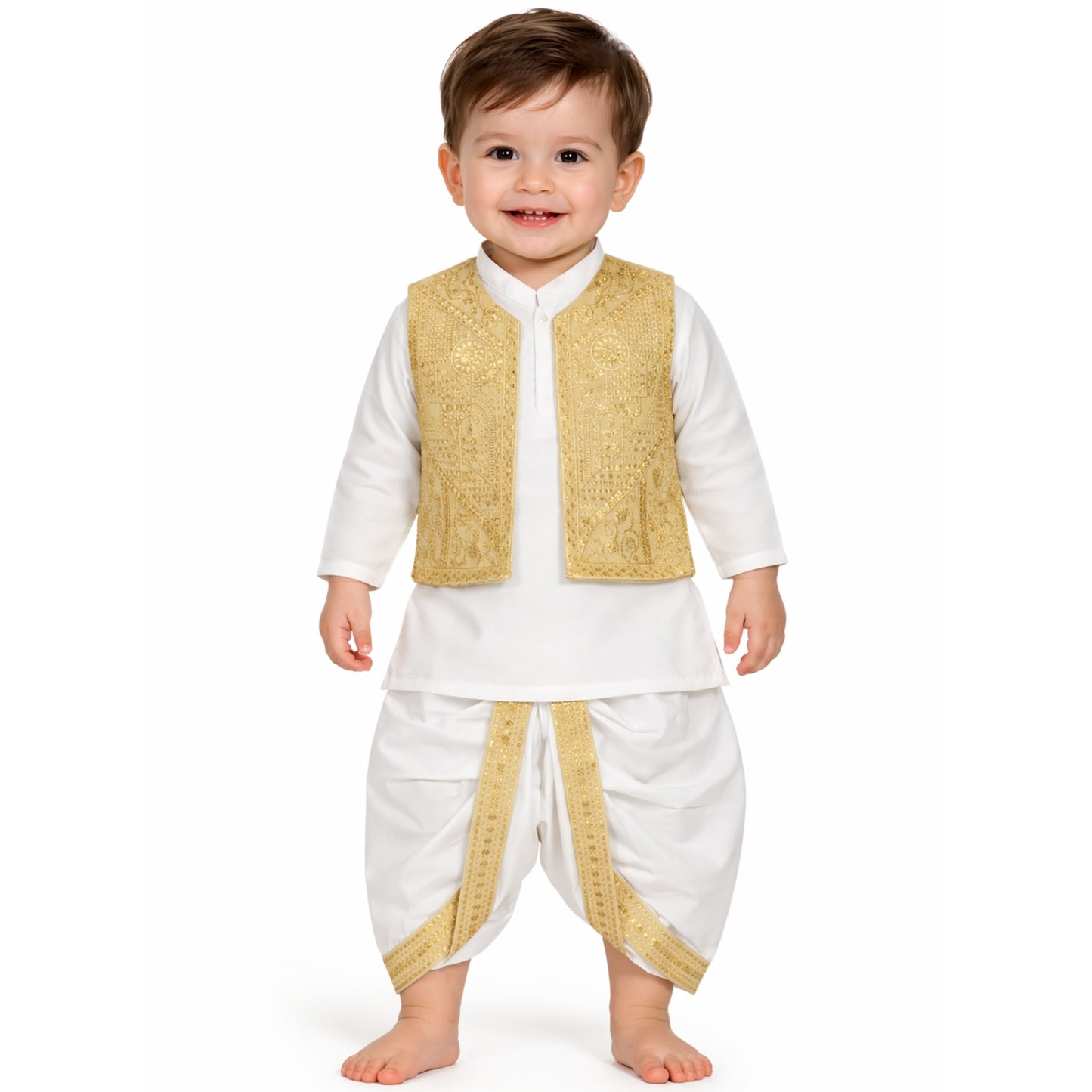 Gold Embroidery Dhoti Kurta With Waistcoat (C&W DH2606)