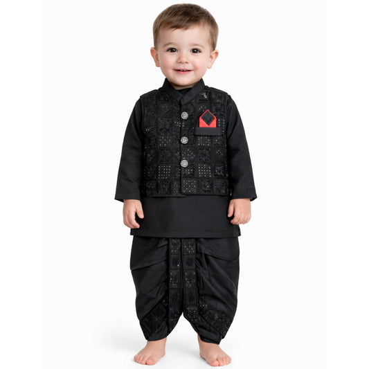 Black Embroidery Dhoti Kurta With Waistcoat (C&W DH26011)