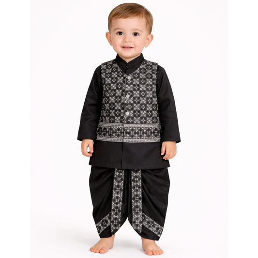 Black Silver Embroidery Dhoti Kurta With Waistcoat (C&W DH2608)