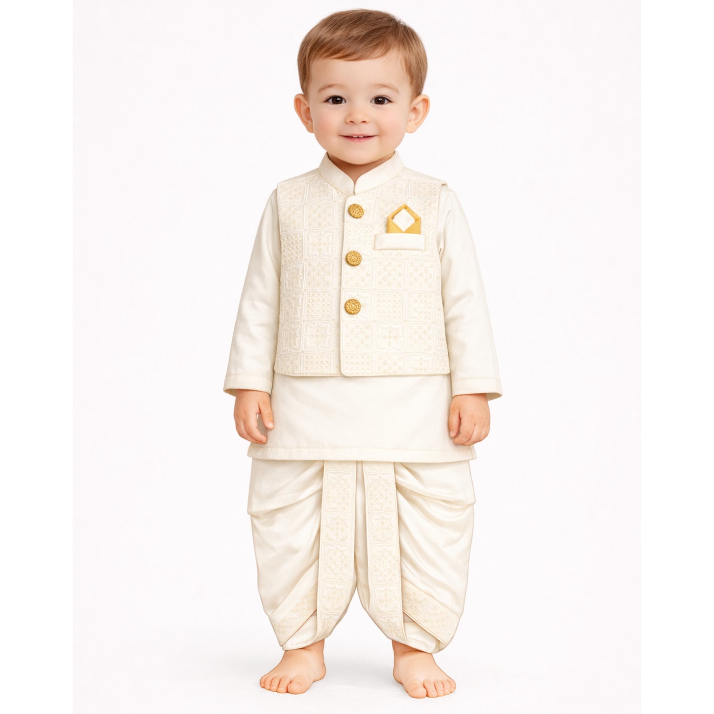 Block Embroidery Dhoti Kurta With Waistcoat (White) (C&W DH2607)