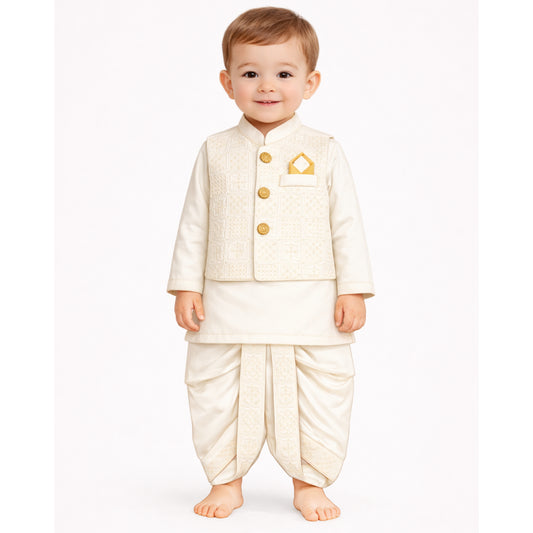 Block Embroidery Dhoti Kurta With Waistcoat (White) (C&W DH2607)