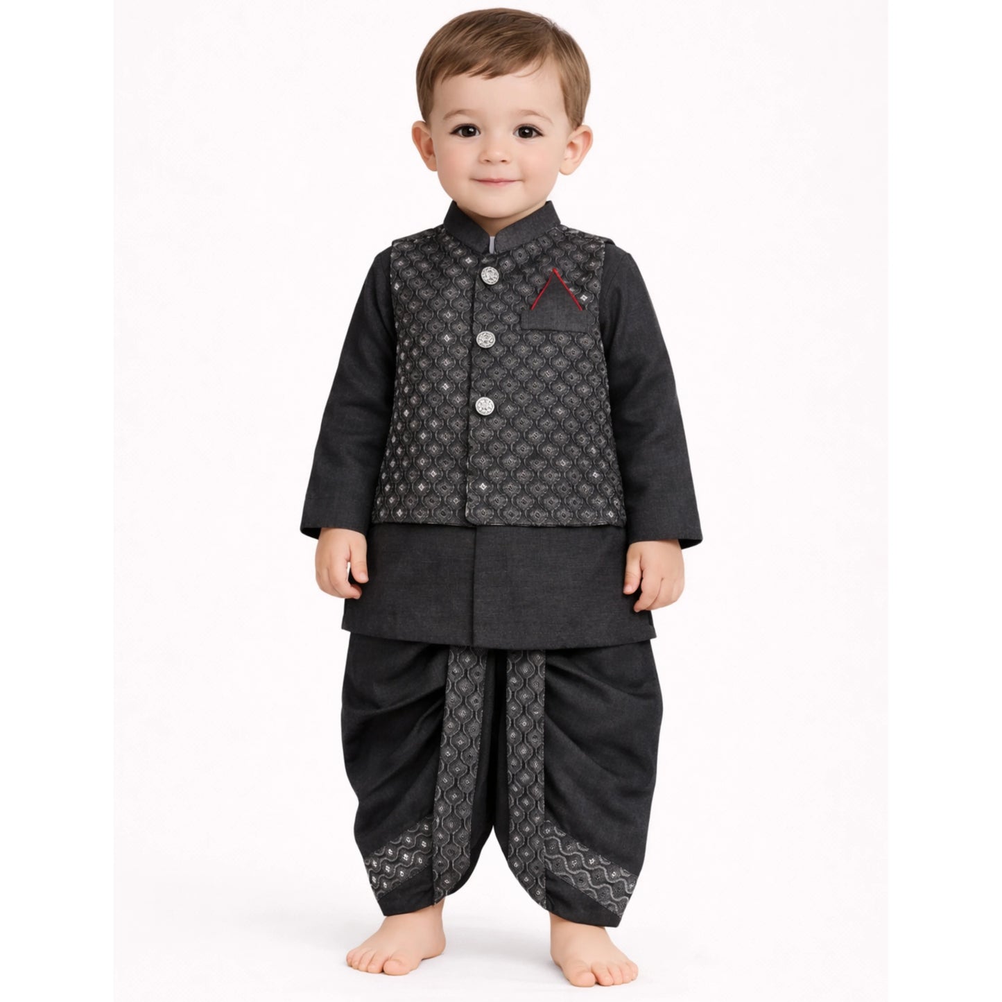 Black RawSilk Embroidery Dhoti Kurta With Waistcoat (C&W DH2605)
