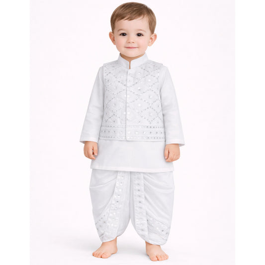 White Embroidery Dhoti Kurta With Waistcoat (C&W DH2603)