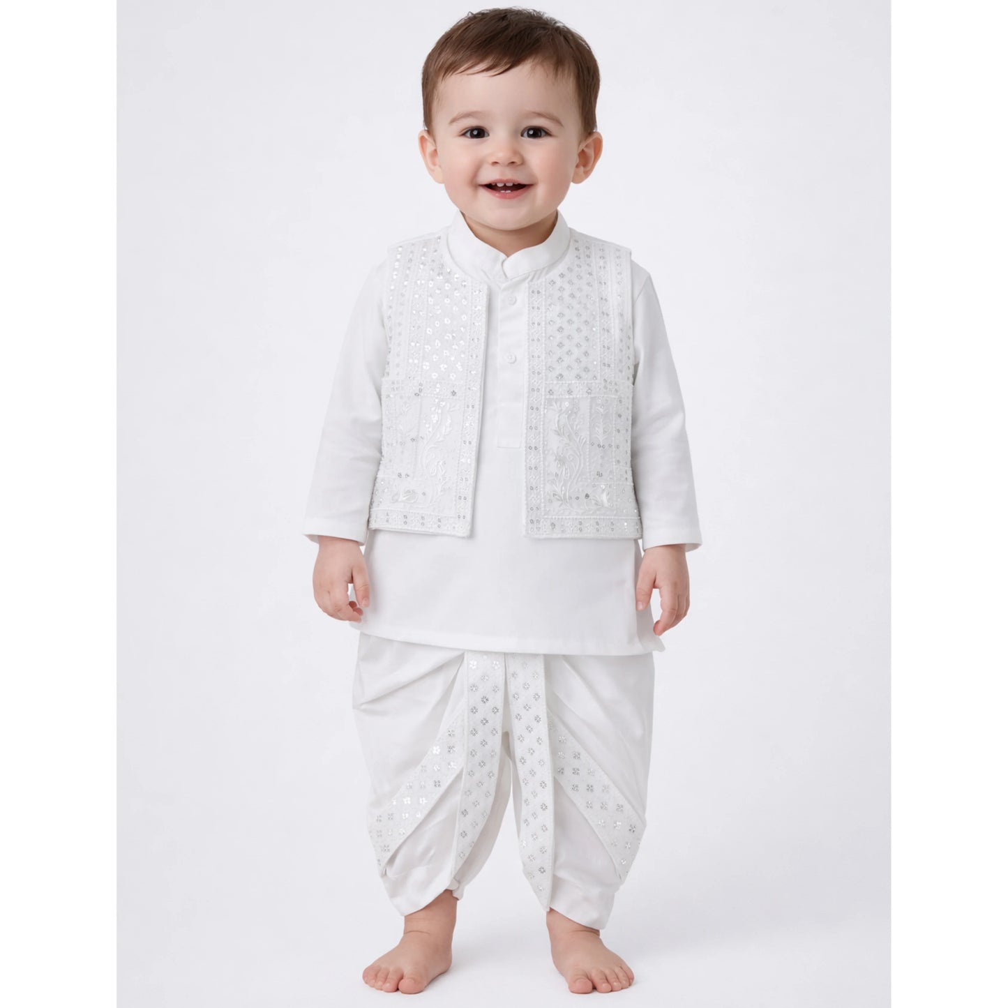 White Embroidery Dhoti Kurta With Waistcoat (C&W DH2601)