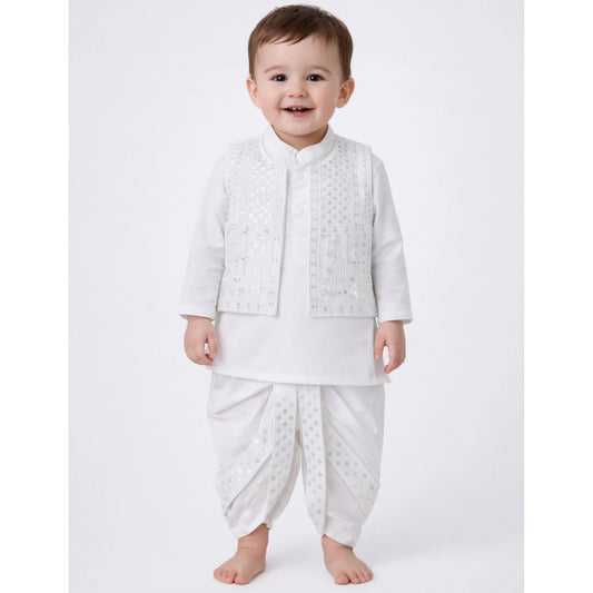 White Embroidery Dhoti Kurta With Waistcoat (C&W DH2601)